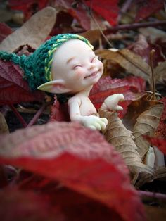 a baby doll with a green hat on laying in the leaves next to some red leaves