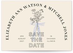 save the date card with a bouquet of flowers on it in black and white ink