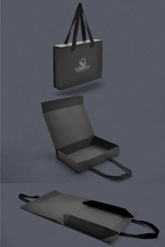 an image of a paper bag mockup on a grey background with black handles and straps