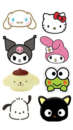 hello kitty face stickers are shown in various colors and shapes, including one with an owl