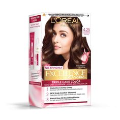 L'Oreal Paris Excellence Creme Hair Color - 4.25 Aishwarya's Brown 220g  L'Oreal Paris Excellence Creme is a permanent hair dye that offers 100% gray coverage. It is available in a variety of shades, including 4.25 Aishwarya's Brown. This shade is a dark brown with warm, reddish undertones. It is ideal for people with medium to dark brown hair who want to add some depth and richness to their color.  Benefits and Uses of L'Oreal Paris Excellence Creme Hair Color - 4.25 Aishwarya's Brown  This protects, strengthens and replenishes hair.  Hair feels Stronger.  It leaves the hair looking Smoother and feeling Protected.  It leaves hair feeling replenished.   Key Ingredients  Pro-keratin  Ceramide   How To Use  Use as directed on the label.  Keep out of the reach of children.  Protect from direc Brown Hair Colour, Hair Color For Brown Skin, Loreal Hair, Royal Tunbridge Wells, French Rose, Gray Coverage, Permanent Hair Dye, Rose Oil, Care Hair