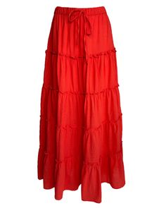 Tiered Drawstring Maxi Skirt - Blackbird Boutique Spring Red Cotton Maxi Skirt, Red Cotton Maxi Skirt For Spring, Fitted Cotton Skirt For Vacation, Fitted Cotton Maxi Skirt For Vacation, Fitted Red Cotton Maxi Skirt, Red Fitted Cotton Maxi Skirt, Cotton Long Skirt For Vacation, Solid Cotton Skirt For Vacation, Solid Color Cotton Skirt For Vacation