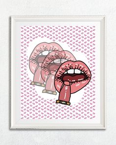 a pink print with hearts on it and an illustration of two lips in the middle