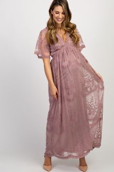 Mauve Lace Mesh Overlay Maternity Maxi Dress Pink Lace Maxi Dress, Short Bell Sleeves, Trendy Maternity Outfits, Lace Maternity Dress, Maternity Maxi Dress, Maternity Dresses For Photoshoot, Maternity Maxi, Baby Shower Dresses, Photoshoot Dress