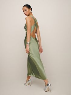 Casette Silk Dress Chic Silk Evening Dress With Cowl Back, Elegant Silk Slip Dress With Ruched Back, Green Silk Slip Dress For Formal Occasions, Green Silk Evening Slip Dress, Green Silk Slip Dress For Evening, Formal Green Silk Slip Dress, Silk Slip Dress With Cowl Back For Formal Occasions, Green Silk Slip Dress With Spaghetti Straps, Fitted Silk Satin Dress With Cowl Back