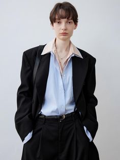 Color : BLUE_S,BLUE_MCountry of Origin : CHINA Spring Workwear Fake Two-piece Tops, Blue Collared Blazer For Work, Blue Collared Blazer For Workwear, Formal Blue Tops With Pockets, Androgynous Outfits, Two Pieces, Top Shirt, Color Blue, Top Outfits