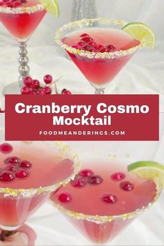 cranberry cosmo cocktail in martini glasses garnished with pomegranates