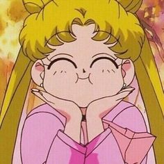 an anime character with long blonde hair wearing a pink dress and holding her hand to her face