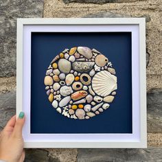 a person holding up a framed photo with shells and seashells on it in front of a stone wall