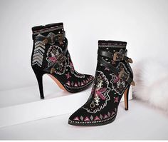 Leather Embroidery Ankle Boots | mygoodyshop.com – MyGoodyShop Black Strap Heels, Leather Embroidery, Studded Heels, Super High Heels, Stiletto Boots, Shoes High Heels, Platform Ankle Boots, Ankle Strap Heels, Heel Type