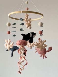 an animal mobile is hanging from the ceiling