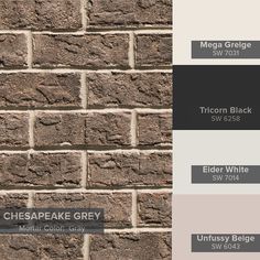 a brick wall with different shades of gray and white, including the names of each color