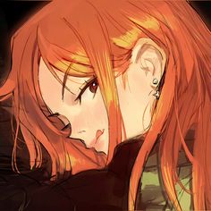 an orange haired woman with long hair and piercings on her ear looking at something