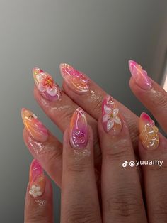 Jelly Flower Nails, Sculpted Flower Nails, Flower Pink Nails, Italy Inspired Nails, Uñas Aesthetic, Beachy Nails, Tropical Nails