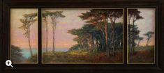 three paintings of trees and water in a wooden frame