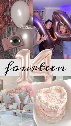 a collage of photos with balloons, cake, and the words fourteen on it