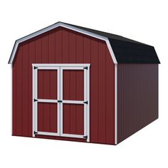 a red shed with two windows and a black roof