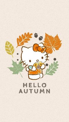 hello kitty with autumn leaves and acorns