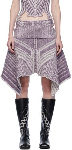 Rib knit merino wool- and nylon-blend skirt. Jacquard graphic pattern throughout. · Cutouts at waistband · Handkerchief hem Supplier color: Snow/Lilac Purple Warrior, Paolina Russo, Asymmetrical Fashion, Modern Blouse Designs, Knit Skirt Outfit, Unique Knitwear, Yarn Clothes, Knitwear Collection, Altered Clothing