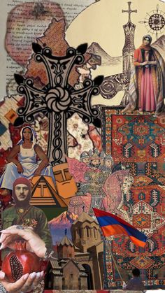 an artistic collage with images and symbols on it, including a crucifix