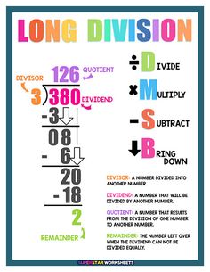 the long division poster with numbers and times to be divided into equals, which are numbered