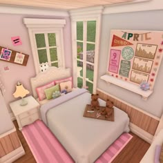 an animated bedroom with a teddy bear on the bed