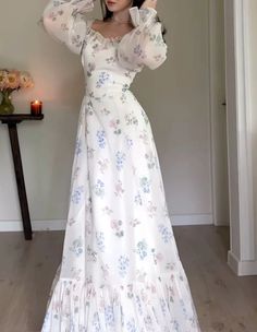 Elegant Flowers Print Ruffle Long Sleeve Prom Dresses cg25150 – classygown Classic Summer Dresses Classy, Modest Dresses Aesthetic, Modest Clothes Aesthetic, Pretty Summer Dresses Long, Long Summer Dress Aesthetic, Dress Modest Outfits, Cute Modest Dress, Summer Dress Modest, Classy Modest Dresses