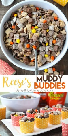 reese's muddy buddies dessert no - bake treats are ready to be eaten