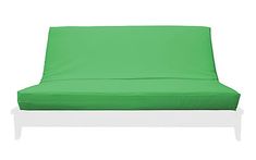 a bed with a green cover on it and white frame, against a white background