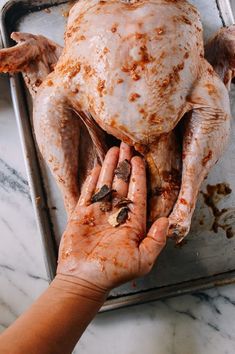 a person holding a whole turkey in their hand on a baking sheet with other ingredients