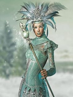 a digital painting of a woman dressed in green and holding a staff with snowflakes on her head