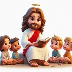 the jesus is reading to his children while sitting in front of him on the ground