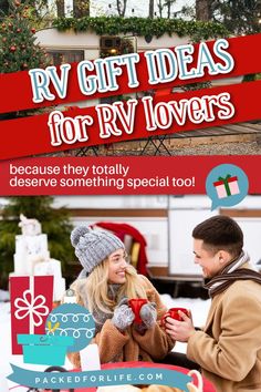 A couple holding cups in winter clothes smiling , in front of an RV. RV gift ideas for RV lovers, because they totally deserve something special too! Rv Gift Ideas, Christmas Rv, Gifts For Rv Owners, Gift Guide Christmas, Rv Gifts