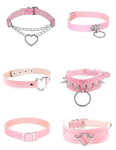 Add a daring touch to your outfits with our Pink Punk Leather Chokers! These edgy yet cute chokers offer a playful but bold vibe, featuring various metal accents and multiple styles to choose from. Take a risk and make a statement with these unique accessories. Description: Metals Type: Zinc AlloyNecklace Type: Chokers/NecklacesOrigin: CN(Origin)Shape\Pattern: HeartMaterial: Artificial Leather/Alloy Metal Pink Punk Outfits, Pink Punk Aesthetic, Cute Chokers, Cute Collars, Kitten Play Gear, Punk Choker, Pastel Accessories, Female Accessories, Pink Punk