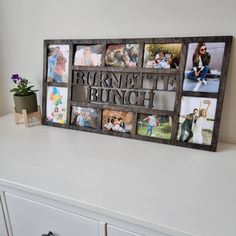 a family photo collage is displayed on a dresser