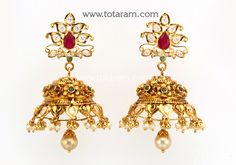 Temple Jewellery - 22 Karat Gold Jhumkas (Buttalu) - Gold Dangle Earrings with Cz , Color Stones, Pearls & Japanese Culture Pearls - 235-GJH2277 - in 29.200 Grams for USD $2273.29. 
Made in India by Totaram Jewelers Online this product is in Gold - 22 Karat BIS Hallmark 916 KDM Gold  & is an excellent gift for Adult - Women. Ships fully insured with secured guaranteed delivery for free with your order over $250 from New Jersey USA & comes with 30 days exchange policy. Buttalu Gold, Gold Jhumkas, 22 Karat Gold Jewelry, Temple Jewellery Earrings, 22k Gold Earrings, Japanese Pearls, Gold Temple Jewellery, Gold Jewelry Outfits, 22k Gold Jewelry