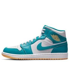 The Air Jordan 1 Mid 'Aquatone' is a stylish and modern sneaker that is perfect for everyday wear. Featuring a full leather upper with mesh tongue and lining, the sneaker has a white base with a water blue overlay and Swooshes logo. The brand and rubber outsole are finished off with a peachy hue. Inspired by the classic Air Jordan 1 silhouette, this sneaker is sure to turn heads. Perfect for casual or streetwear, the Air Jordan 1 Mid 'Aquatone' is a must-have for any sneakerhead. (AJ1/SNKR/Retro/Mid Top/Women's/Non-Slip/Basketball/Wear-resistant/Shock-absorbing) Modern Mid-top Jordan Shoes With White Sole, White High-top Custom Fade-resistant Sneakers, Green Leather High-top Sneakers For Light Sports, Leather High-top Jordan Shoes For Light Sports, Breathable Leather High-top Lace-up Sneakers, Casual Leather Jordan Shoes For Light Sports, Breathable Leather Lace-up High-top Sneakers, White Fade-resistant Mid-top Sneakers, Casual Jordan Shoes With Boost Midsole For Light Sports