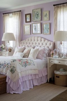 a bedroom with purple walls and white bedding