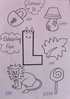 the letter l is for lion and other things that are drawn on paper with colored pencils