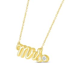 Honor a bride-to-be or blissful newlywed with the elegant sparkle of this necklace. "Mrs." is crafted in a pretty script font styled in 10K yellow gold with a rhodium finish. A bezel-set diamond accent punctuates the design with a touch of sparkle. The word art pendant suspends from an 18-inch cable chain that secures with a spring ring clasp. Wedding Jewelry With Initials In Cubic Zirconia, Gold Cubic Zirconia Jewelry For Bride, Gold Bridal Necklace For Anniversary, Diamond Initial Necklace For Wedding, Personalized Diamond Name Necklace For Weddings, Yellow Gold Nameplate Necklace For Wedding, Yellow Gold Name Necklace With Diamond Accents For Wedding, Diamond Initials Necklace For Wedding, Yellow Gold Diamond Accented Name Necklace For Wedding