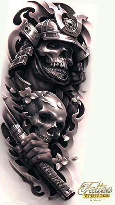 Samurai Mask Tattoo, Darkside Tattoo, Samurai Warrior Tattoo, Tattoo Catalog, Samurai Tattoo Design, Clock Tattoo Design, Full Sleeve Tattoo Design, Japan Tattoo Design, Pieces Tattoo