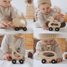 a collage of photos showing a baby playing with wooden toys