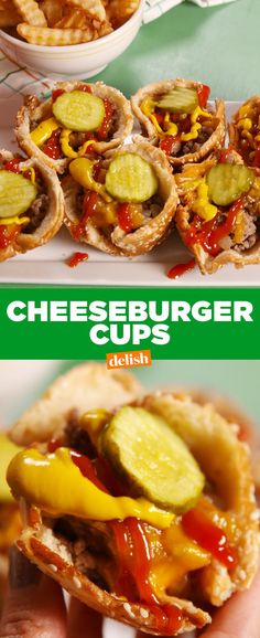 there is a sandwich with cheese and pickles on it, and the words cheeseburger cups below