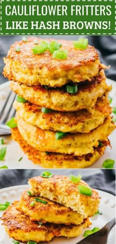 three images of crab cakes stacked on top of each other with text overlay that says cauliflower fritters like hash browns