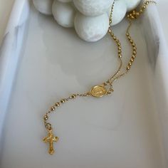 Gold Rosary With Beaded Chain As Gift, Gold Rosary With Beaded Chain, Gold Beaded Chain Rosary As Gift, Gold Beaded Chain Rosary, Gold Rosary As A Gift, Spiritual Gold Double Strand Jewelry, Spiritual Double Strand Gold Jewelry, Adjustable Gold Spiritual Cross Necklace, Gold Double Strand Spiritual Necklaces