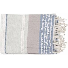 a blue and white striped towel with fringes