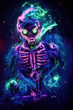 a skeleton with neon lights on it's face and arms, sitting in front of a