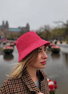 Summer bucket hat in strawberry color. That's a modern unisex accessory made of premium fully degradable plant fiber. Very soft but keeping the shape (not a paper yarn). Size: 51-53 cm ( 20,08 - 20,87 inch ) head girth. Weight: 82 g ( 0,18 lbs) Bright unique raffia crochet hat, trendy and comfy in use. Very light and easy, with a kipper tape inside which can protect you hat against sweat and slipping. That's multi-style summer hat can be used in a city, to the beach, festival or summer party and Summer Straw Bucket Hat For Spring, Adjustable Bucket Straw Hat For Spring, Casual Summer Bucket Straw Hat, Trendy Lightweight Bucket Hat With Short Brim, Eco-friendly Spring Bucket Hat With Curved Brim, Eco-friendly Curved Brim Bucket Hat For Spring, Pink Flat Brim Bucket Hat For Spring, Trendy Outdoor Bucket Sun Hat, Trendy Pink Bucket Hat For Outdoor