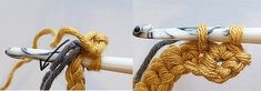 two pictures of ropes tied together in different directions, one with white handles and the other with yellow ends