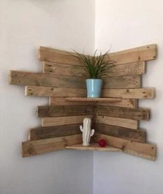 a potted plant is sitting on a shelf made out of pallet wood planks